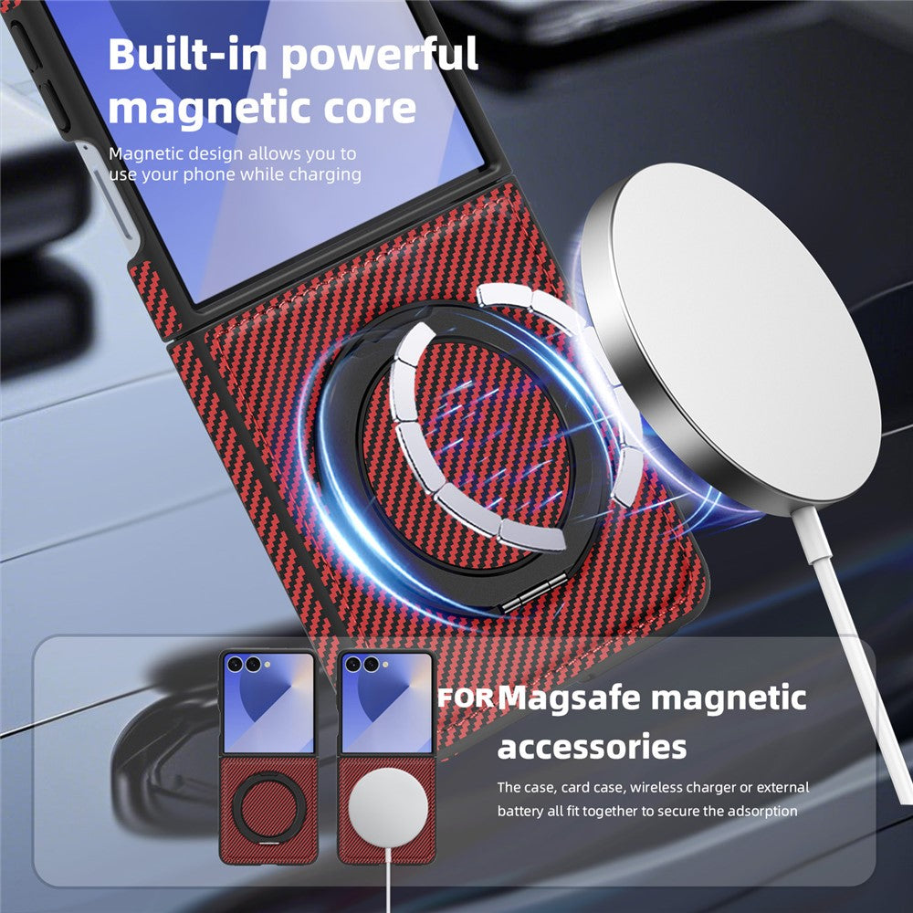 For Samsung Galaxy Z Flip7 5G Magnetic Case Carbon Fiber Texture PU + TPU Kickstand Phone Cover - Red