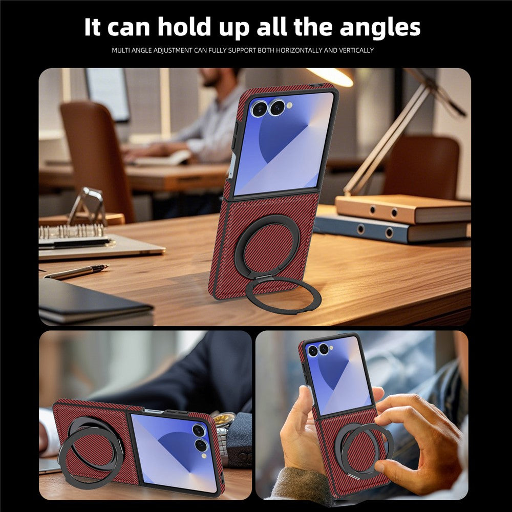 For Samsung Galaxy Z Flip7 5G Magnetic Case Carbon Fiber Texture PU + TPU Kickstand Phone Cover - Red