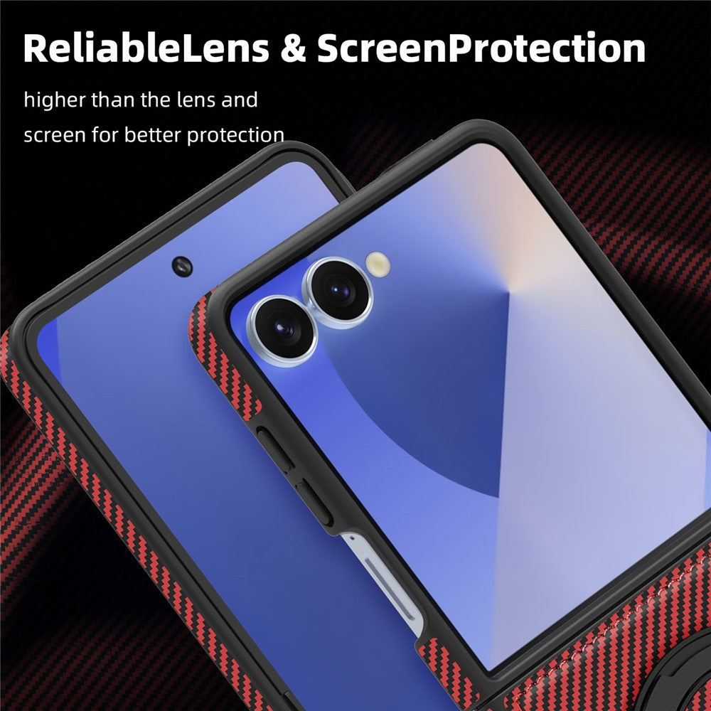 For Samsung Galaxy Z Flip7 5G Magnetic Case Carbon Fiber Texture PU + TPU Kickstand Phone Cover - Red