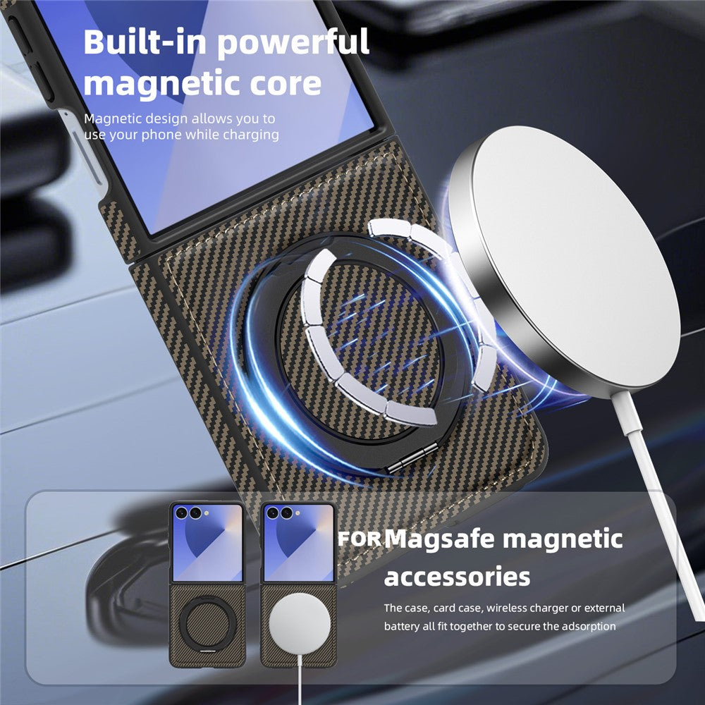 For Samsung Galaxy Z Flip7 5G Magnetic Case Carbon Fiber Texture PU + TPU Kickstand Phone Cover - Coffee