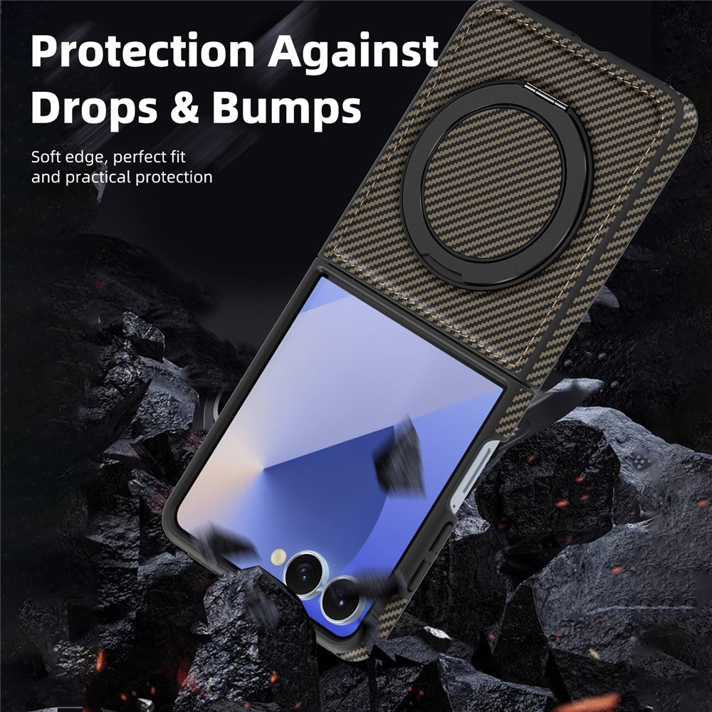 For Samsung Galaxy Z Flip7 5G Magnetic Case Carbon Fiber Texture PU + TPU Kickstand Phone Cover - Coffee