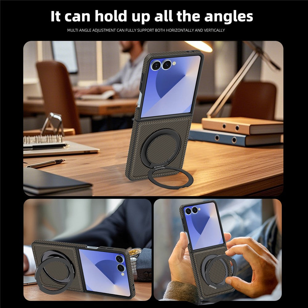 For Samsung Galaxy Z Flip7 5G Magnetic Case Carbon Fiber Texture PU + TPU Kickstand Phone Cover - Coffee