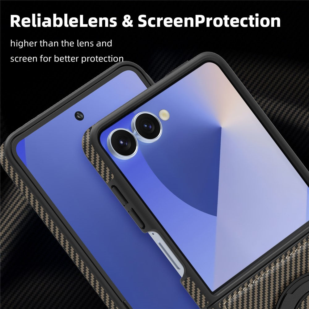 For Samsung Galaxy Z Flip7 5G Magnetic Case Carbon Fiber Texture PU + TPU Kickstand Phone Cover - Coffee