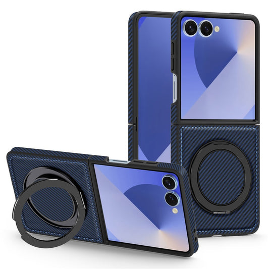 For Samsung Galaxy Z Flip7 5G Magnetic Case Carbon Fiber Texture PU + TPU Kickstand Phone Cover - Sapphire