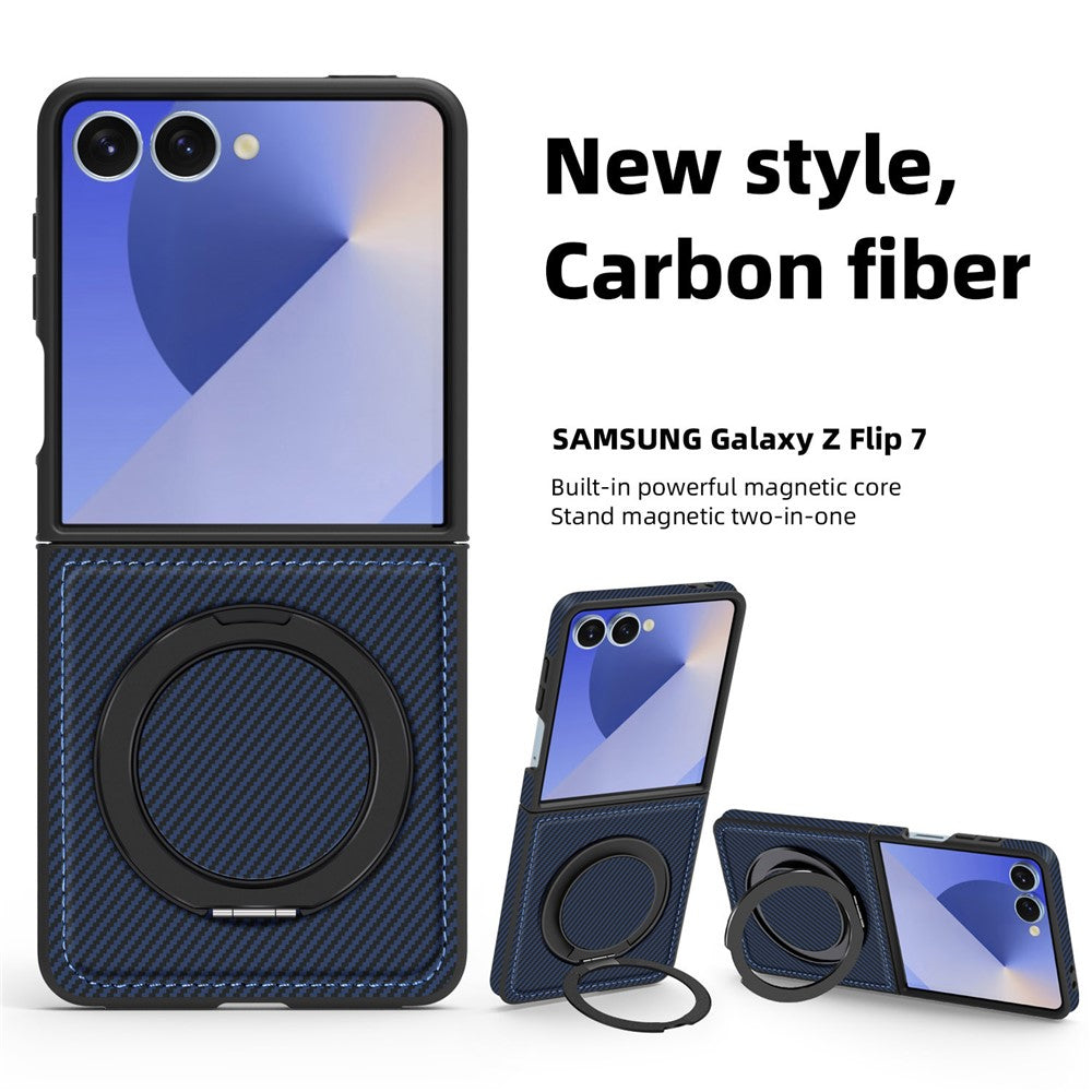 For Samsung Galaxy Z Flip7 5G Magnetic Case Carbon Fiber Texture PU + TPU Kickstand Phone Cover - Sapphire