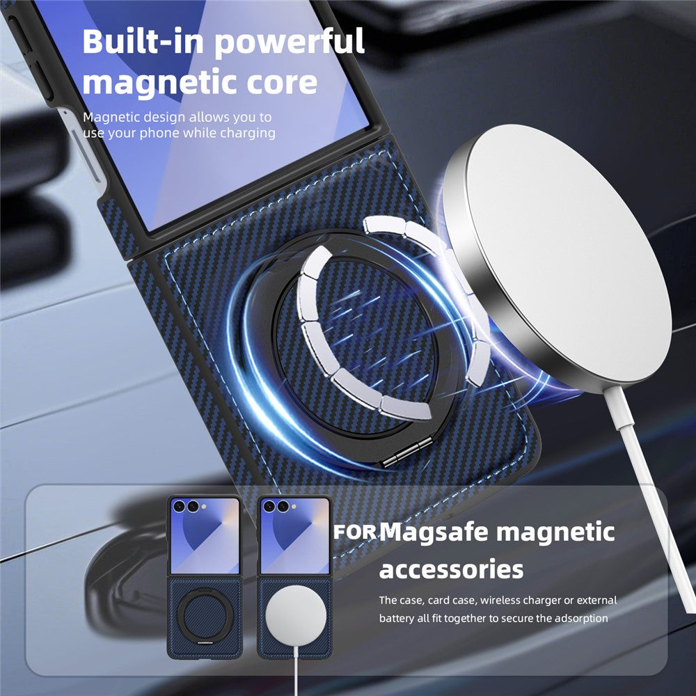 For Samsung Galaxy Z Flip7 5G Magnetic Case Carbon Fiber Texture PU + TPU Kickstand Phone Cover - Sapphire