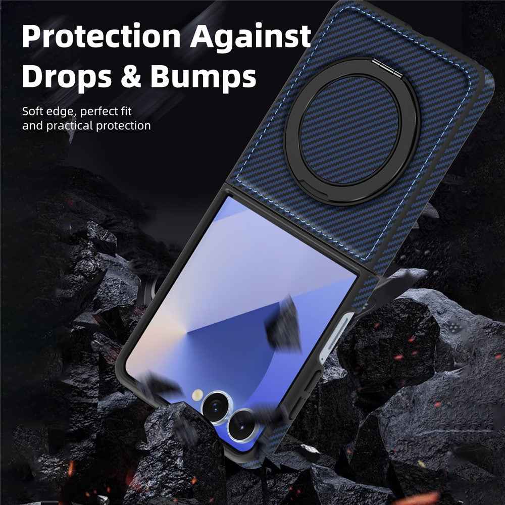 For Samsung Galaxy Z Flip7 5G Magnetic Case Carbon Fiber Texture PU + TPU Kickstand Phone Cover - Sapphire