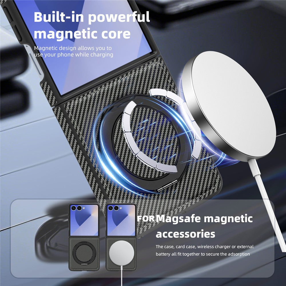 For Samsung Galaxy Z Flip7 5G Magnetic Case Carbon Fiber Texture PU + TPU Kickstand Phone Cover - Titanium Grey