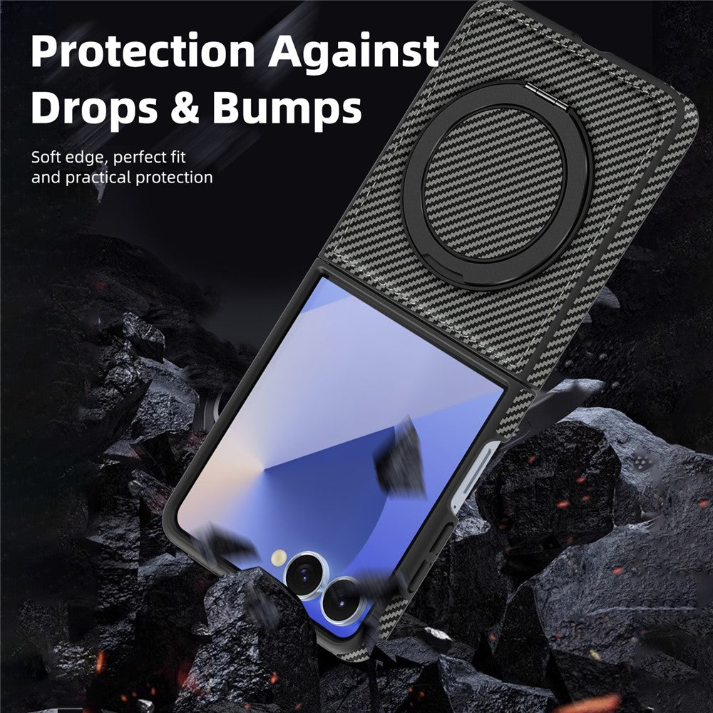 For Samsung Galaxy Z Flip7 5G Magnetic Case Carbon Fiber Texture PU + TPU Kickstand Phone Cover - Titanium Grey
