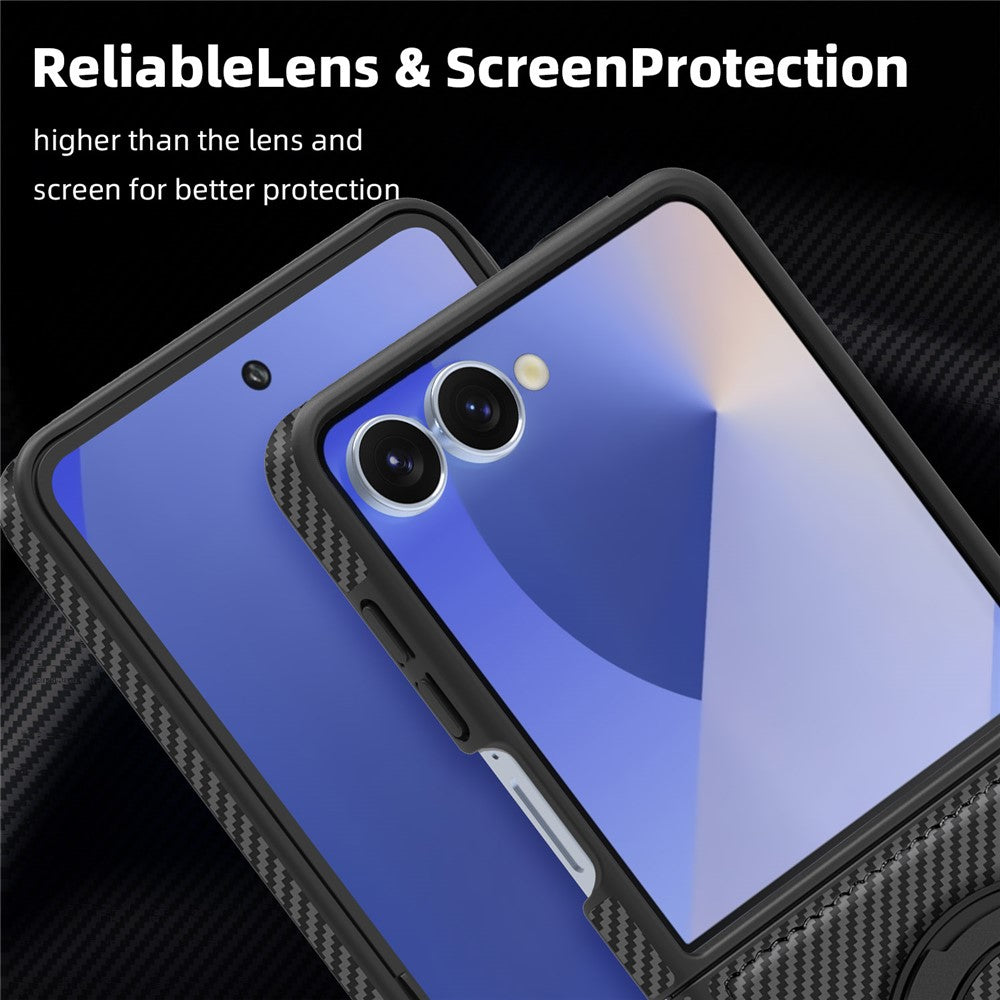 For Samsung Galaxy Z Flip7 5G Magnetic Case Carbon Fiber Texture PU + TPU Kickstand Phone Cover - Black