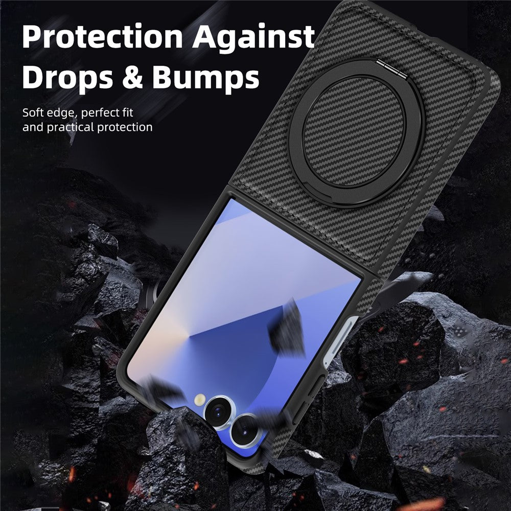 For Samsung Galaxy Z Flip7 5G Magnetic Case Carbon Fiber Texture PU + TPU Kickstand Phone Cover - Black