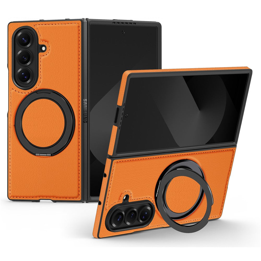 For Samsung Galaxy Z Fold7 5G Case with Ring Kickstand Compatible with MagSafe PU Leather Back Cover - Orange