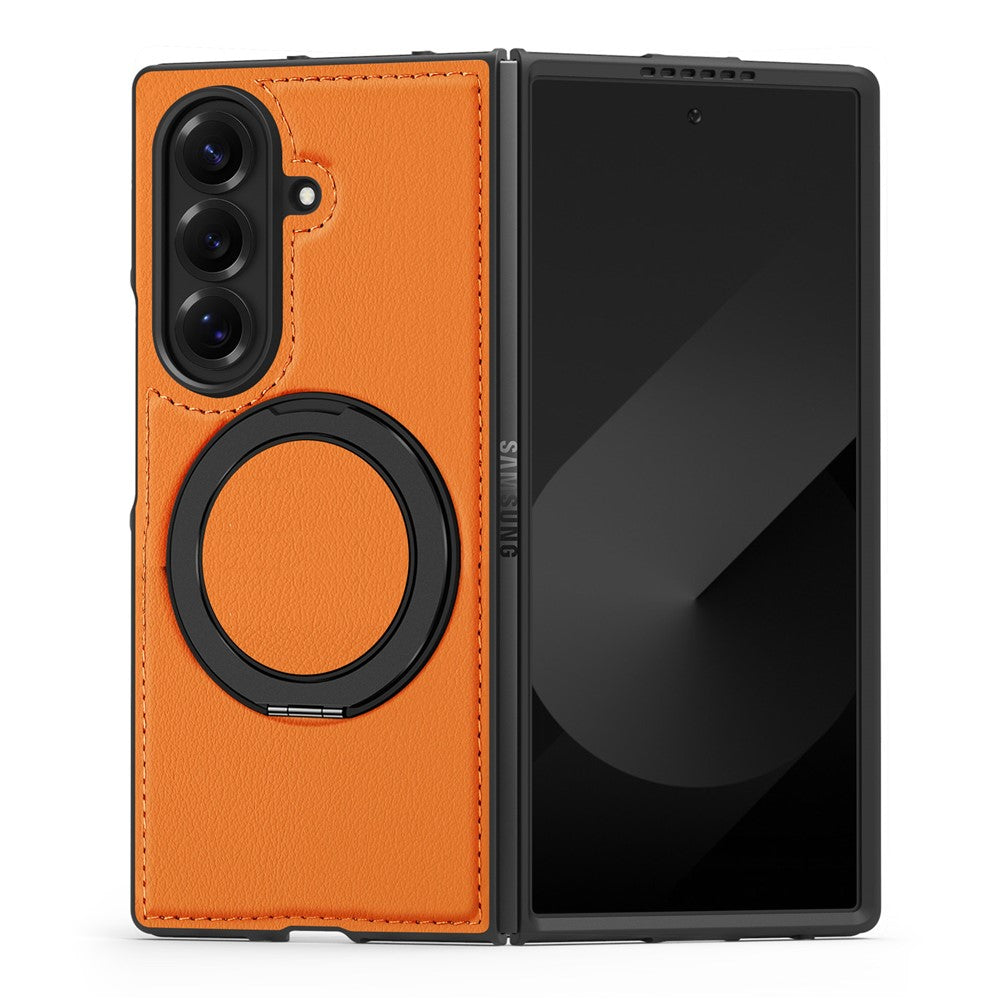 For Samsung Galaxy Z Fold7 5G Case with Ring Kickstand Compatible with MagSafe PU Leather Back Cover - Orange