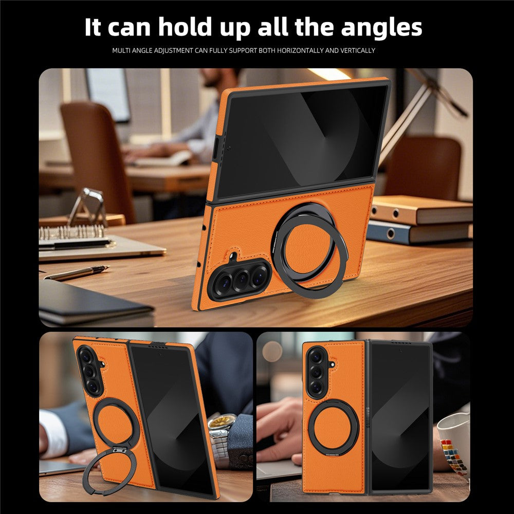 For Samsung Galaxy Z Fold7 5G Case with Ring Kickstand Compatible with MagSafe PU Leather Back Cover - Orange