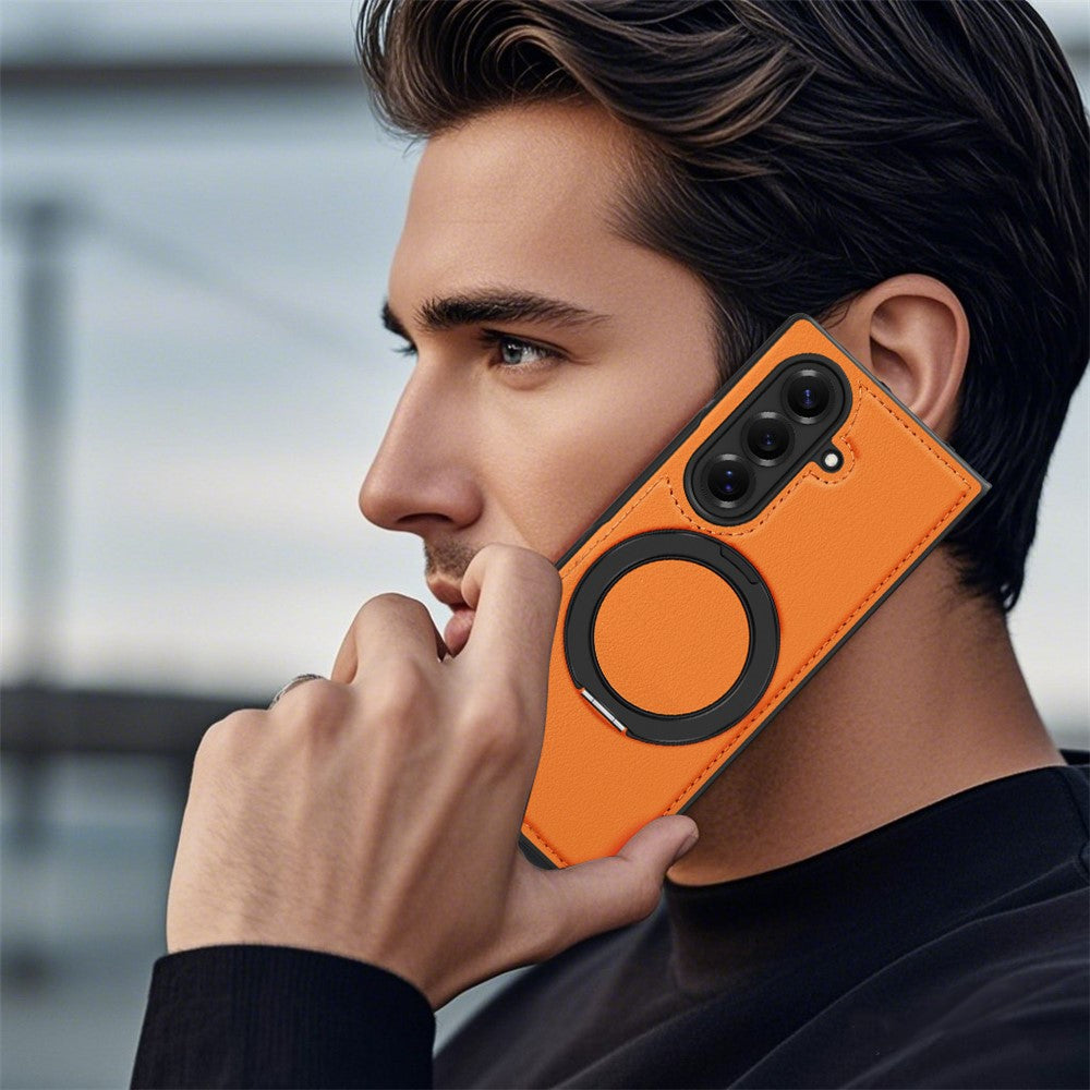 For Samsung Galaxy Z Fold7 5G Case with Ring Kickstand Compatible with MagSafe PU Leather Back Cover - Orange