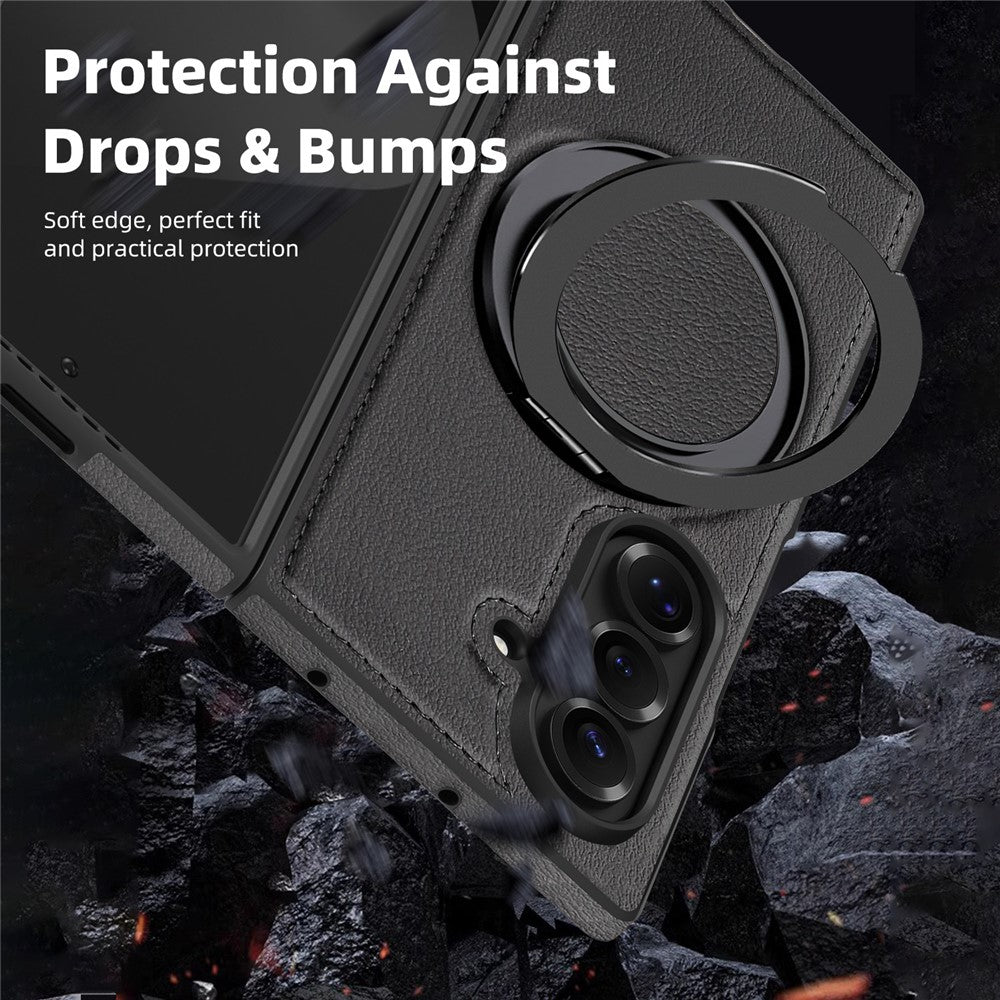 For Samsung Galaxy Z Fold7 5G Case with Ring Kickstand Compatible with MagSafe PU Leather Back Cover - Black