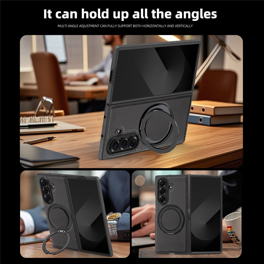 For Samsung Galaxy Z Fold7 5G Case with Ring Kickstand Compatible with MagSafe PU Leather Back Cover - Black