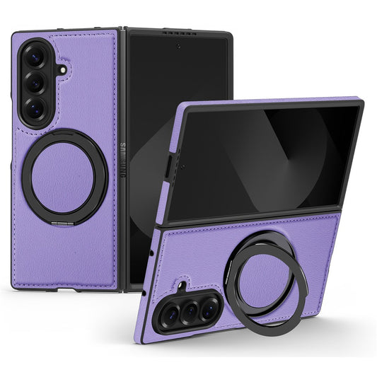 For Samsung Galaxy Z Fold7 5G Case with Ring Kickstand Compatible with MagSafe PU Leather Back Cover - Purple