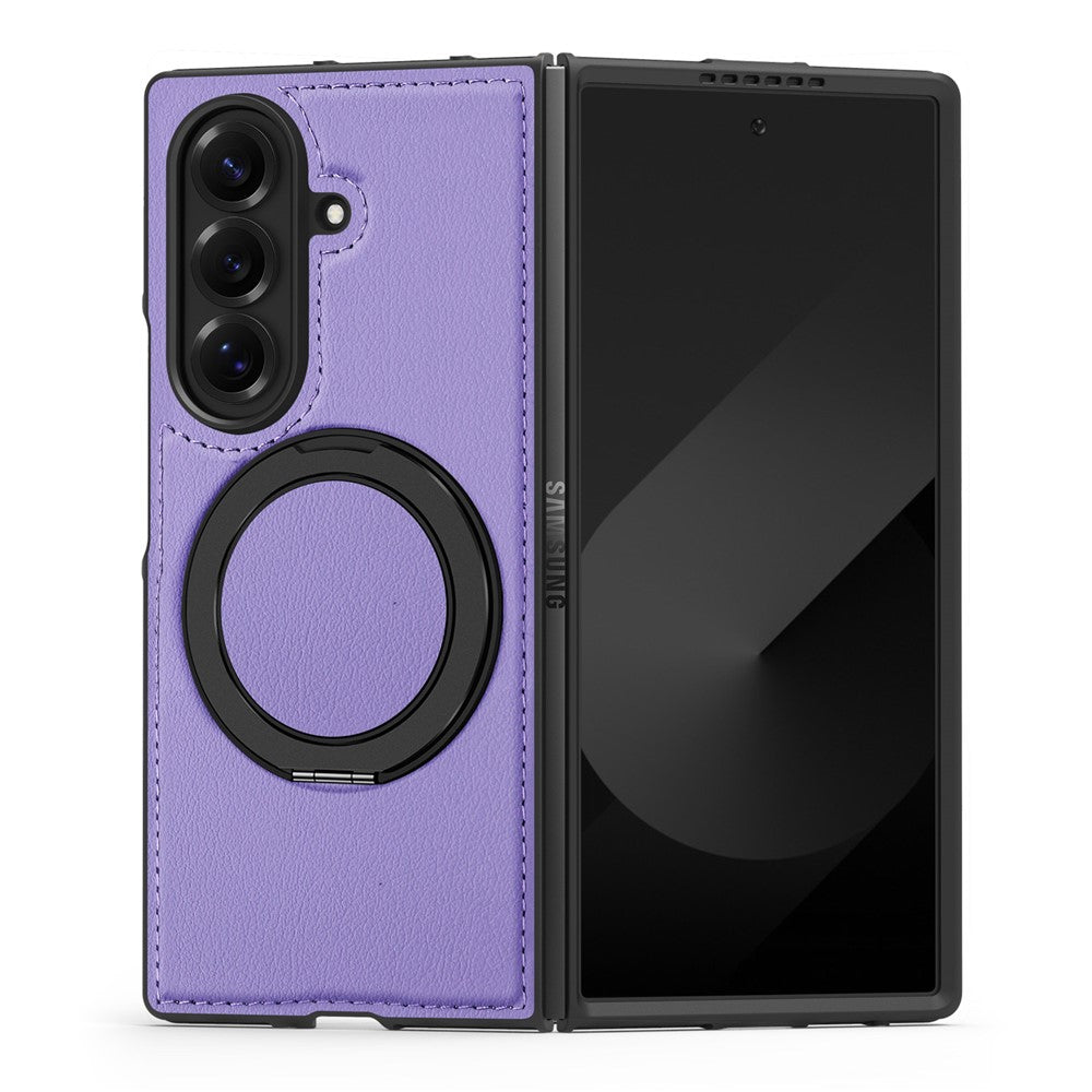 For Samsung Galaxy Z Fold7 5G Case with Ring Kickstand Compatible with MagSafe PU Leather Back Cover - Purple