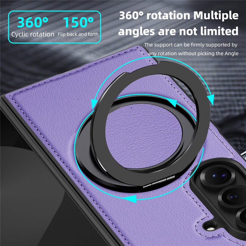 For Samsung Galaxy Z Fold7 5G Case with Ring Kickstand Compatible with MagSafe PU Leather Back Cover - Purple