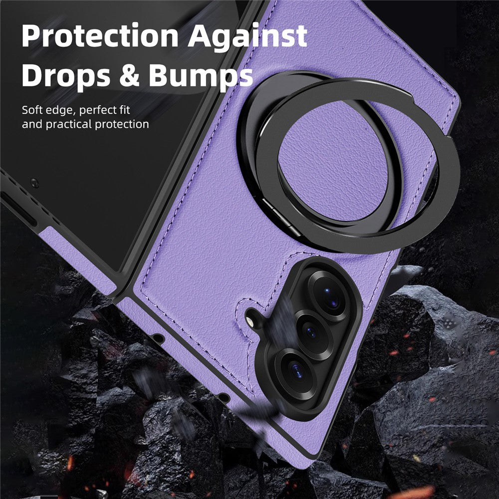 For Samsung Galaxy Z Fold7 5G Case with Ring Kickstand Compatible with MagSafe PU Leather Back Cover - Purple