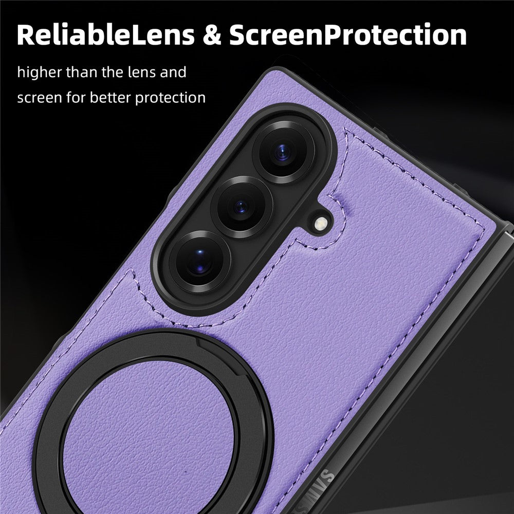 For Samsung Galaxy Z Fold7 5G Case with Ring Kickstand Compatible with MagSafe PU Leather Back Cover - Purple