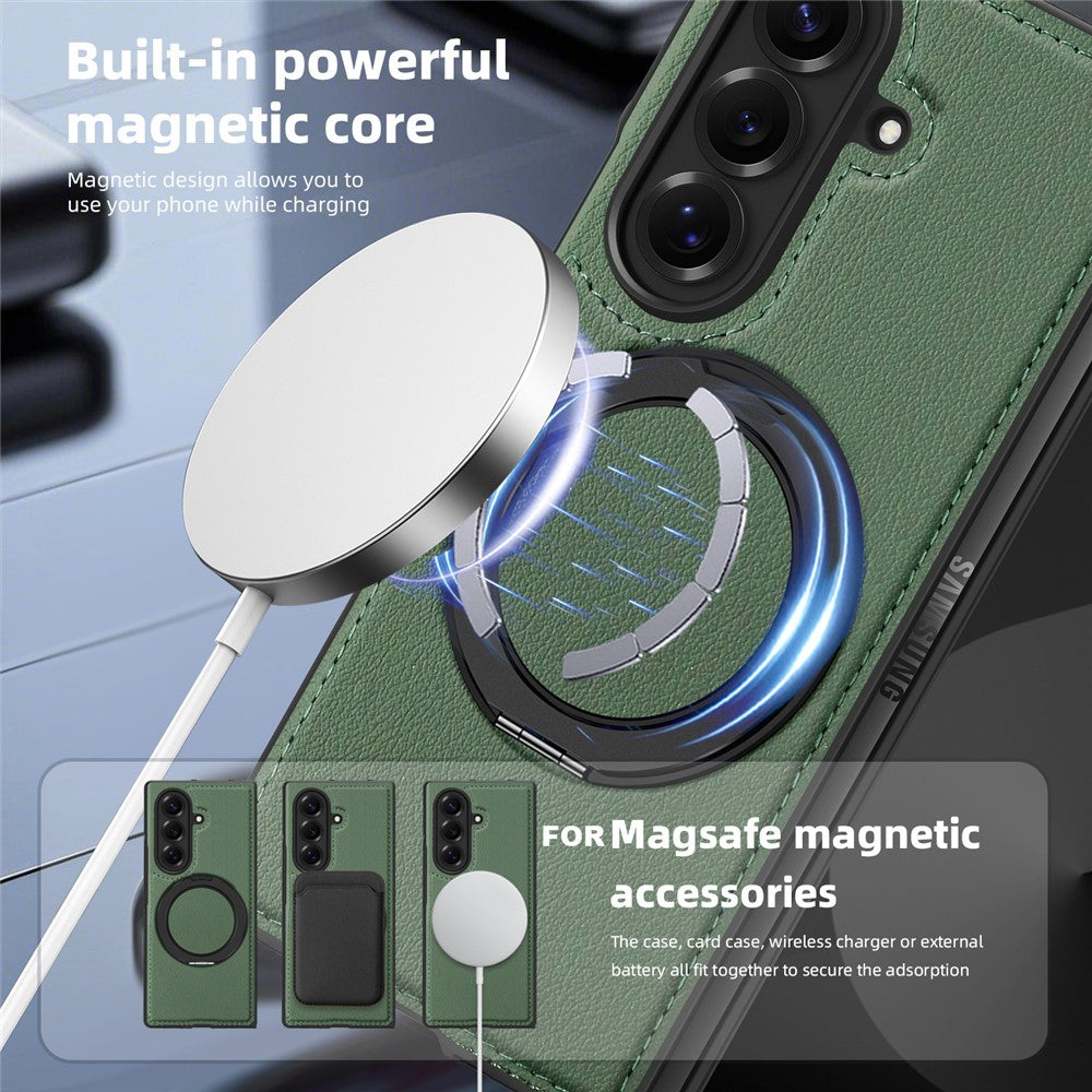 For Samsung Galaxy Z Fold7 5G Case with Ring Kickstand Compatible with MagSafe PU Leather Back Cover - Green