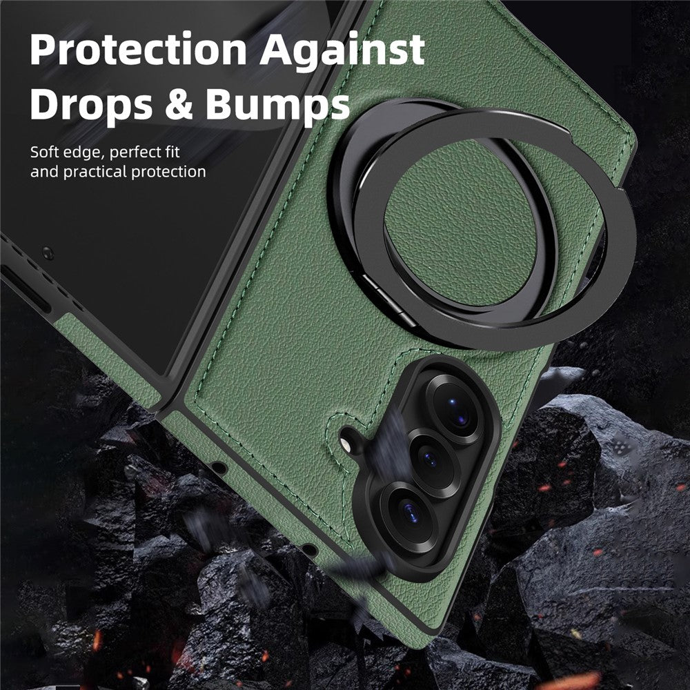 For Samsung Galaxy Z Fold7 5G Case with Ring Kickstand Compatible with MagSafe PU Leather Back Cover - Green