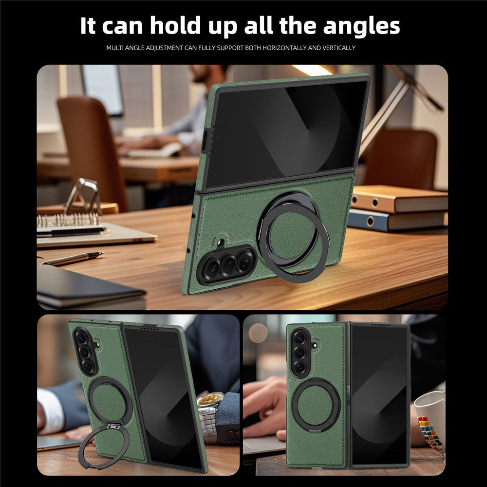 For Samsung Galaxy Z Fold7 5G Case with Ring Kickstand Compatible with MagSafe PU Leather Back Cover - Green