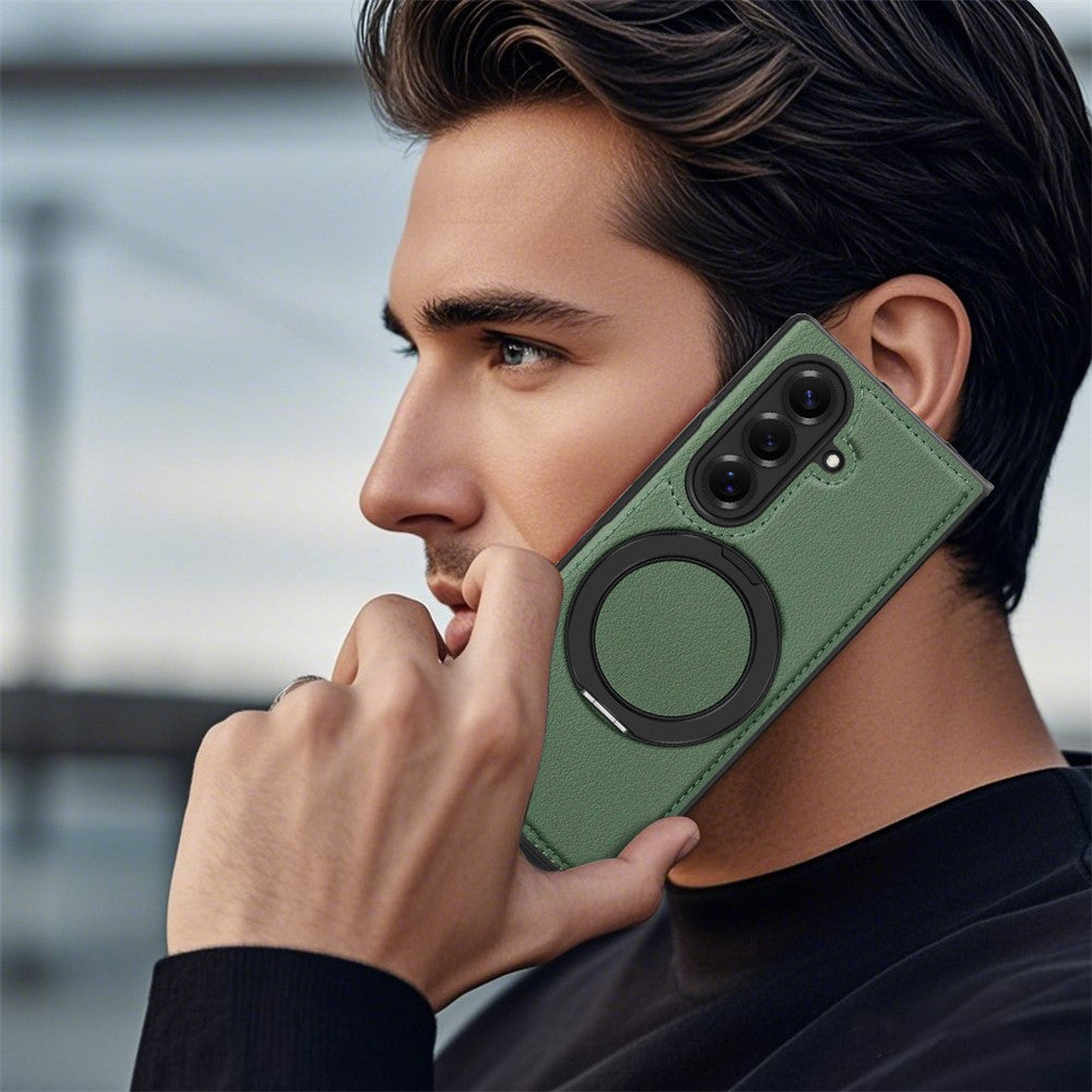 For Samsung Galaxy Z Fold7 5G Case with Ring Kickstand Compatible with MagSafe PU Leather Back Cover - Green
