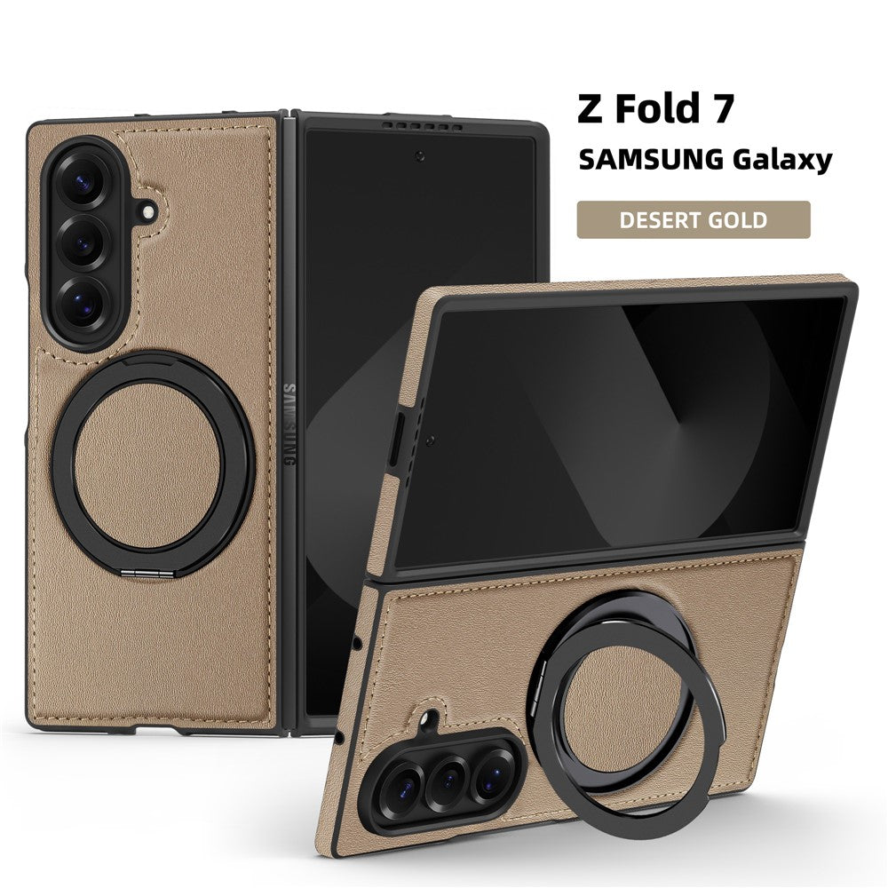 For Samsung Galaxy Z Fold7 5G Case with Ring Kickstand Compatible with MagSafe PU Leather Back Cover - Desert Gold