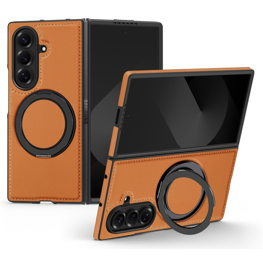 For Samsung Galaxy Z Fold7 5G Case with Ring Kickstand Compatible with MagSafe PU Leather Back Cover - Brown