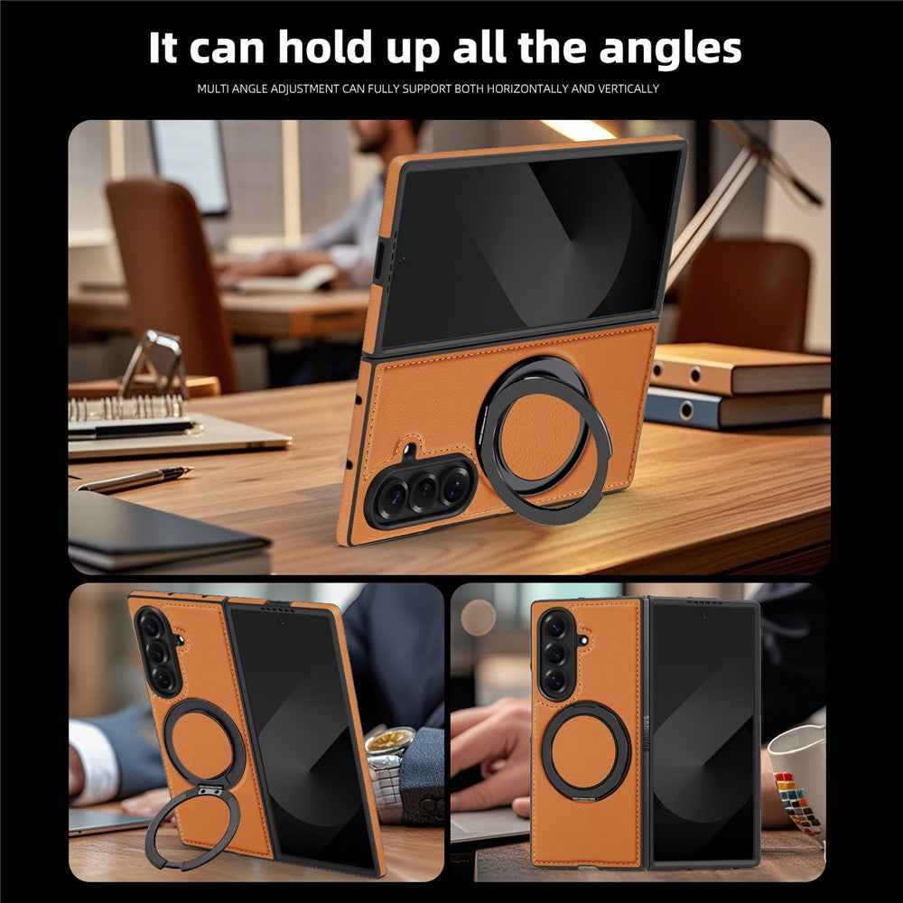 For Samsung Galaxy Z Fold7 5G Case with Ring Kickstand Compatible with MagSafe PU Leather Back Cover - Brown