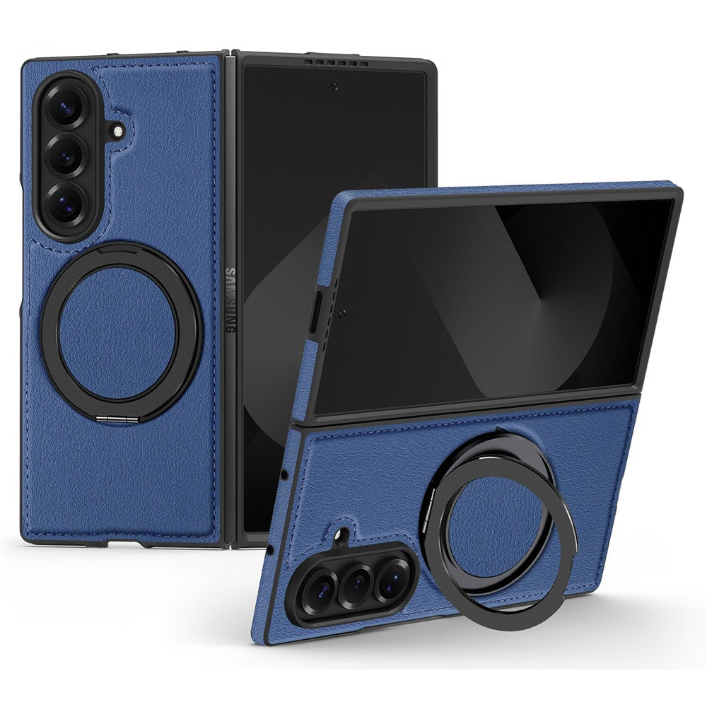For Samsung Galaxy Z Fold7 5G Case with Ring Kickstand Compatible with MagSafe PU Leather Back Cover - Sapphire