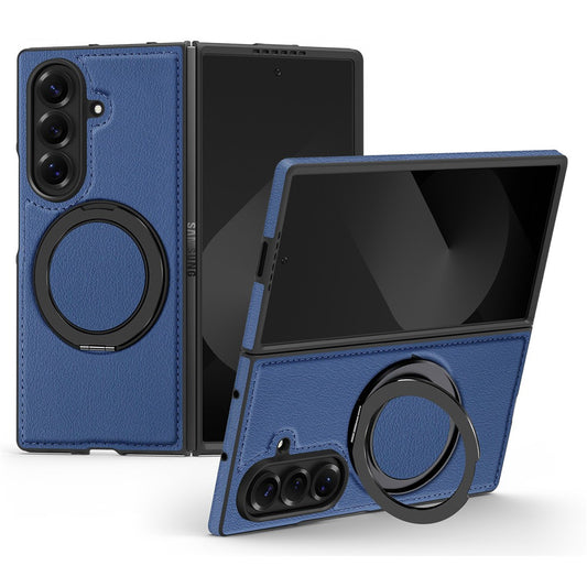 For Samsung Galaxy Z Fold7 5G Case with Ring Kickstand Compatible with MagSafe PU Leather Back Cover - Sapphire