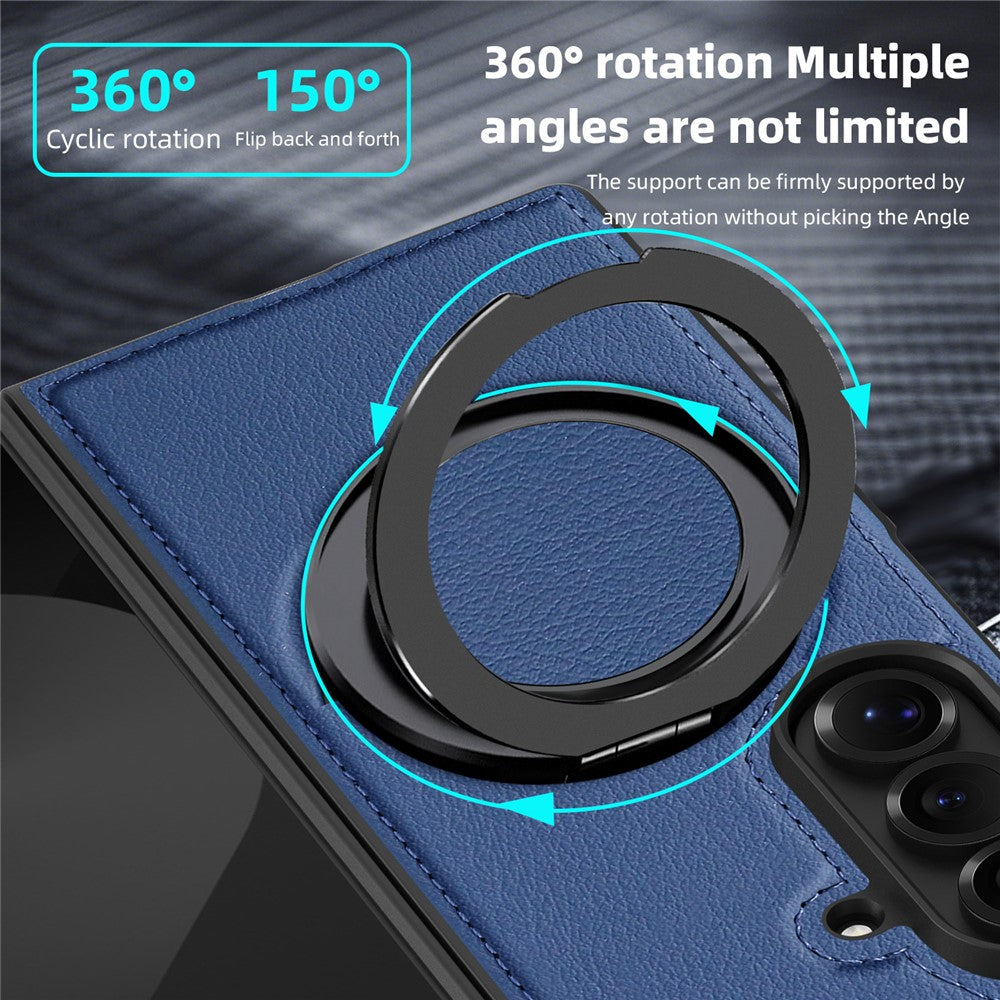 For Samsung Galaxy Z Fold7 5G Case with Ring Kickstand Compatible with MagSafe PU Leather Back Cover - Sapphire