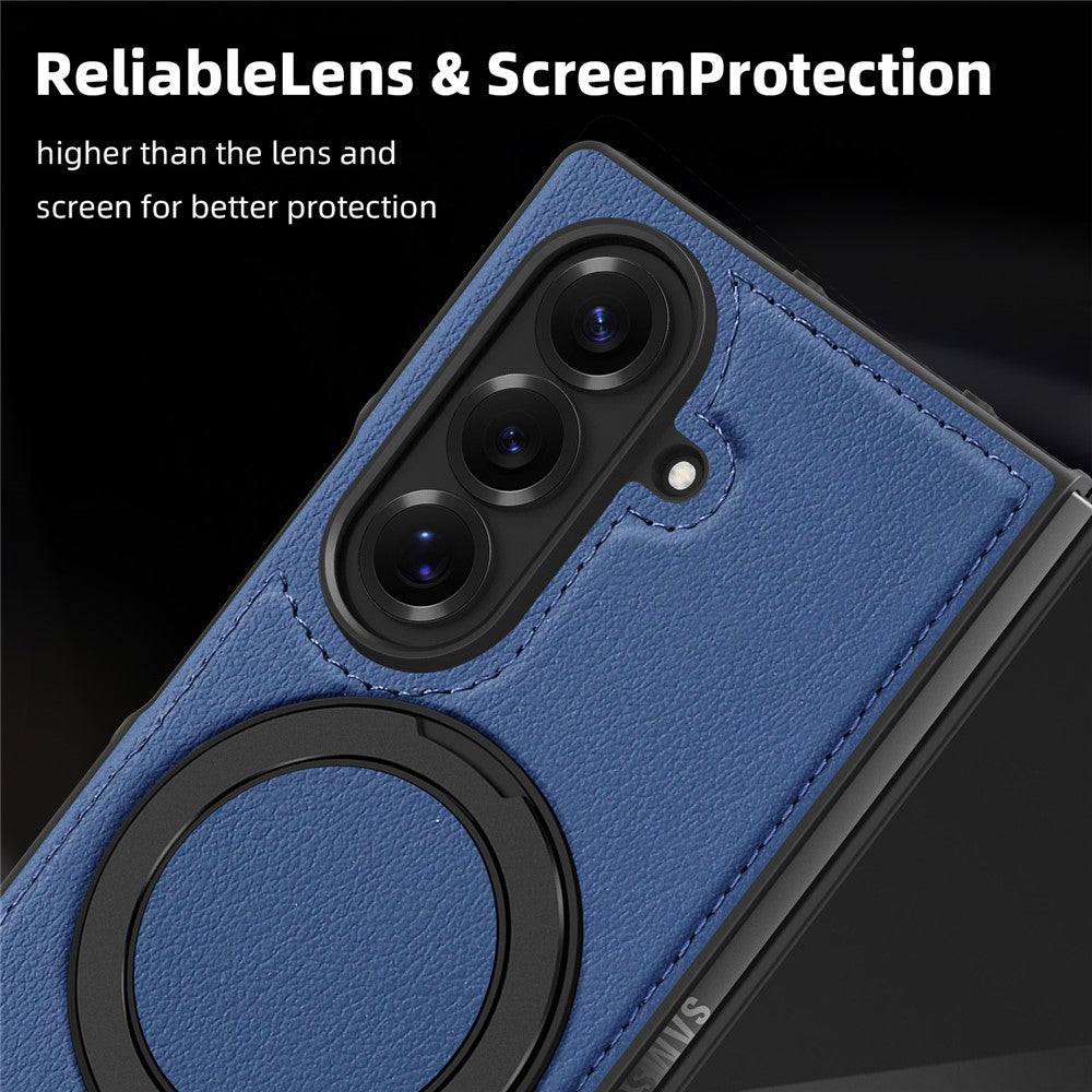 For Samsung Galaxy Z Fold7 5G Case with Ring Kickstand Compatible with MagSafe PU Leather Back Cover - Sapphire