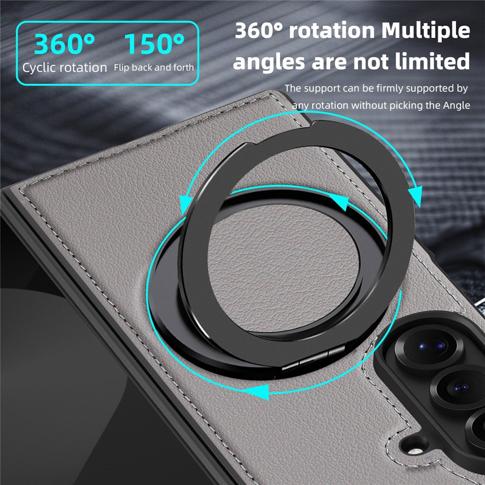 For Samsung Galaxy Z Fold7 5G Case with Ring Kickstand Compatible with MagSafe PU Leather Back Cover - Grey