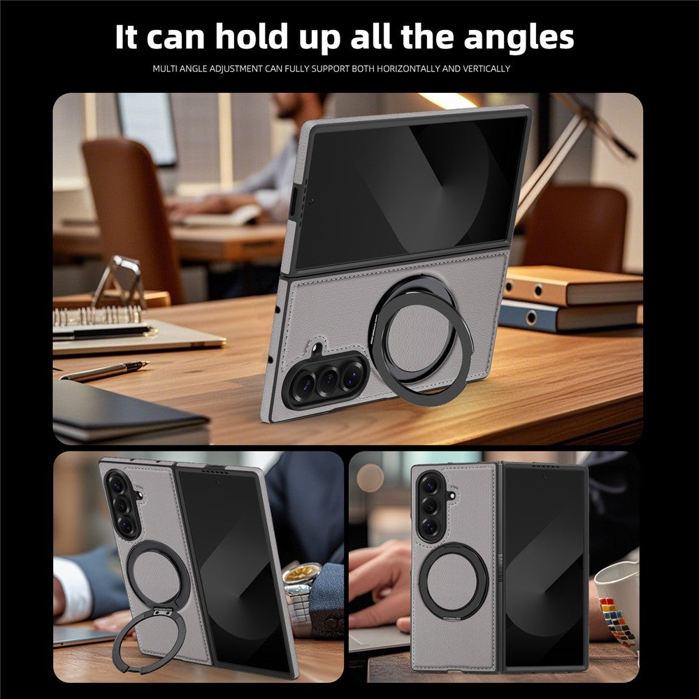 For Samsung Galaxy Z Fold7 5G Case with Ring Kickstand Compatible with MagSafe PU Leather Back Cover - Grey