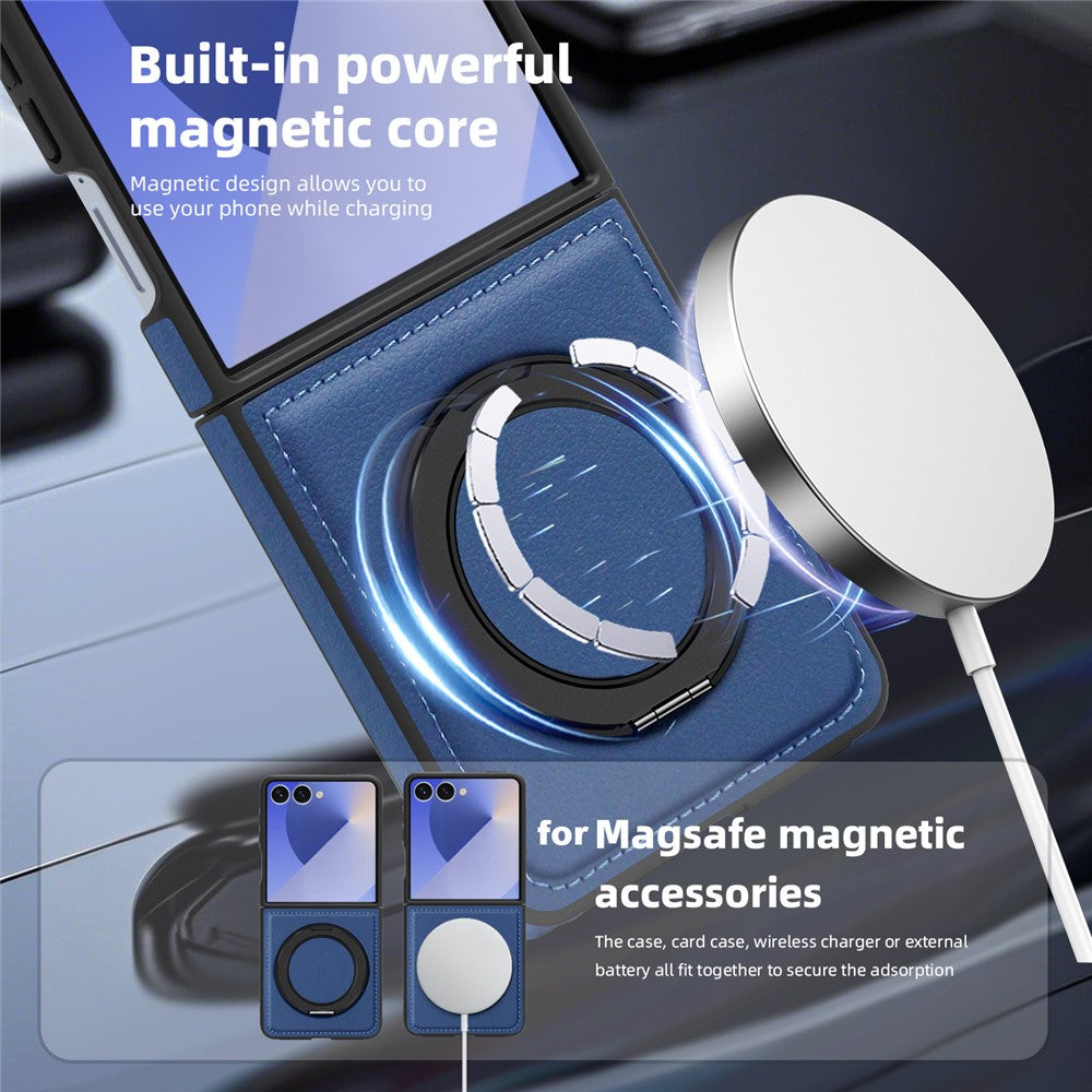 For Samsung Galaxy Z Flip7 5G Case with Ring Kickstand Compatible with MagSafe PU Leather Back Cover - Sapphire