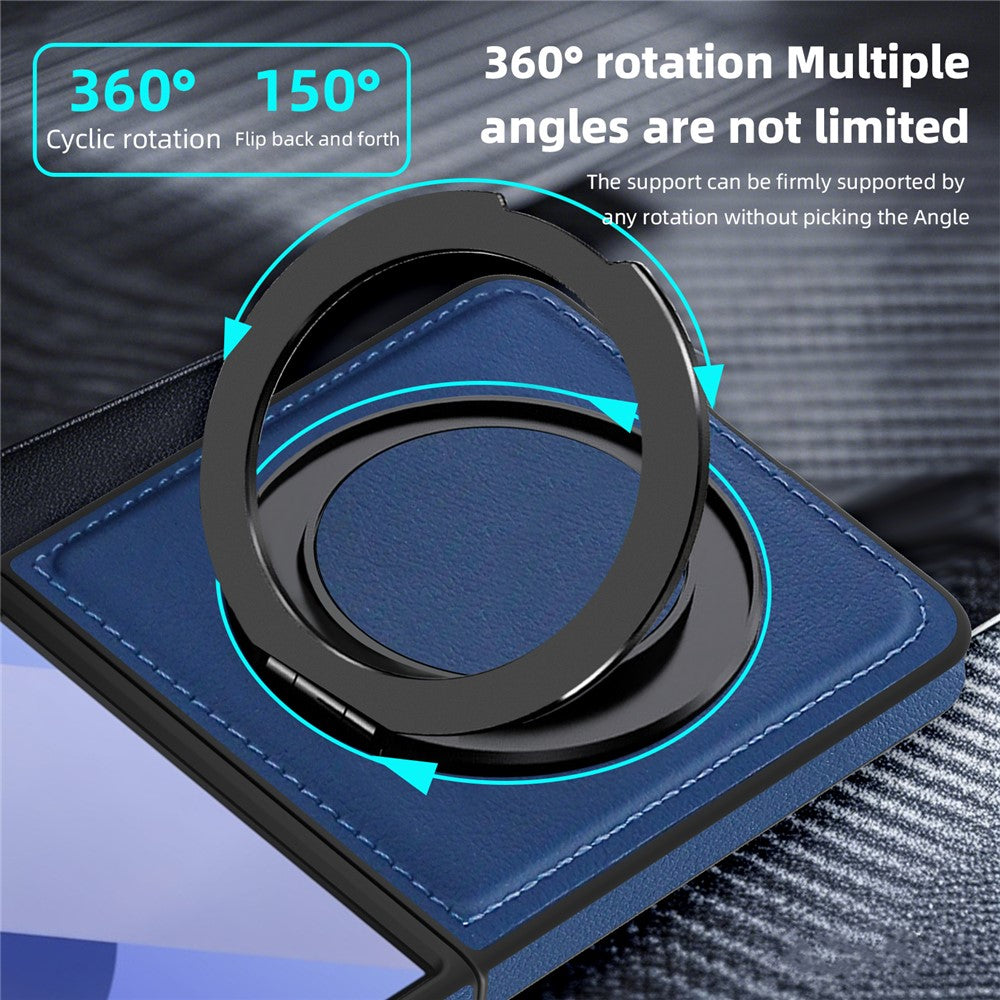 For Samsung Galaxy Z Flip7 5G Case with Ring Kickstand Compatible with MagSafe PU Leather Back Cover - Sapphire