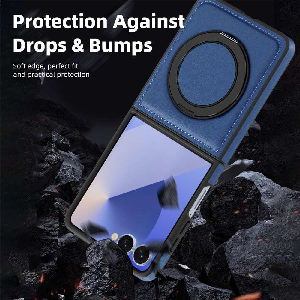 For Samsung Galaxy Z Flip7 5G Case with Ring Kickstand Compatible with MagSafe PU Leather Back Cover - Sapphire