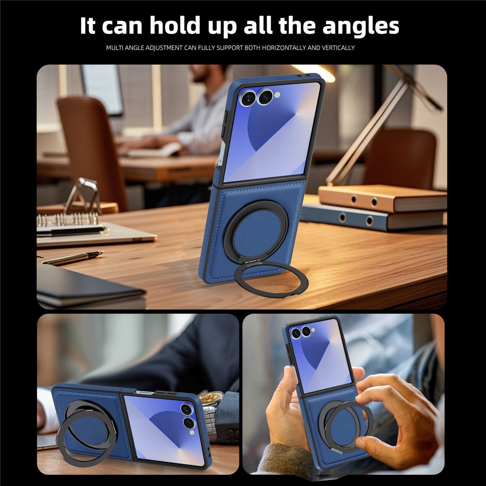 For Samsung Galaxy Z Flip7 5G Case with Ring Kickstand Compatible with MagSafe PU Leather Back Cover - Sapphire
