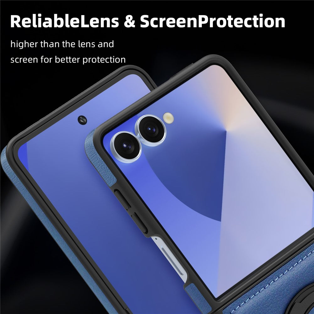 For Samsung Galaxy Z Flip7 5G Case with Ring Kickstand Compatible with MagSafe PU Leather Back Cover - Sapphire