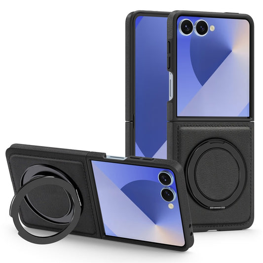 For Samsung Galaxy Z Flip7 5G Case with Ring Kickstand Compatible with MagSafe PU Leather Back Cover - Black