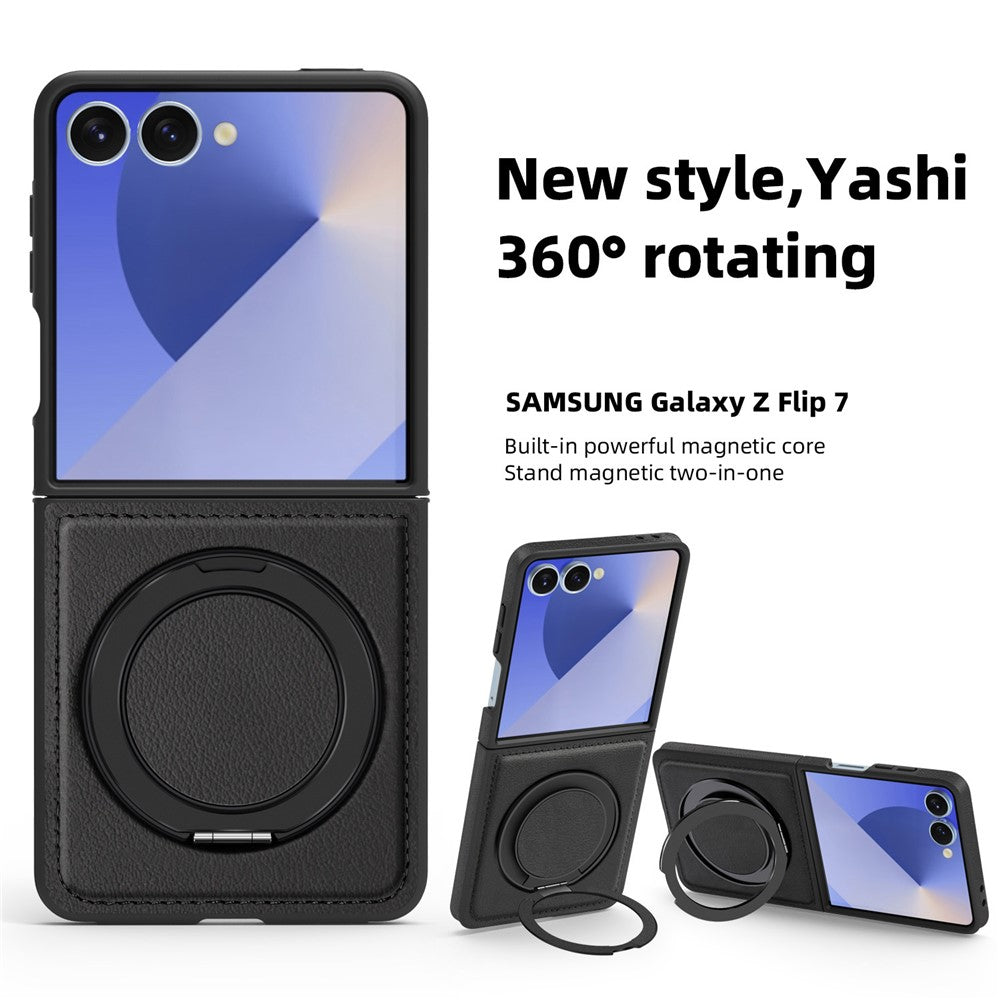 For Samsung Galaxy Z Flip7 5G Case with Ring Kickstand Compatible with MagSafe PU Leather Back Cover - Black