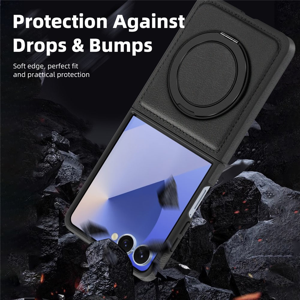 For Samsung Galaxy Z Flip7 5G Case with Ring Kickstand Compatible with MagSafe PU Leather Back Cover - Black