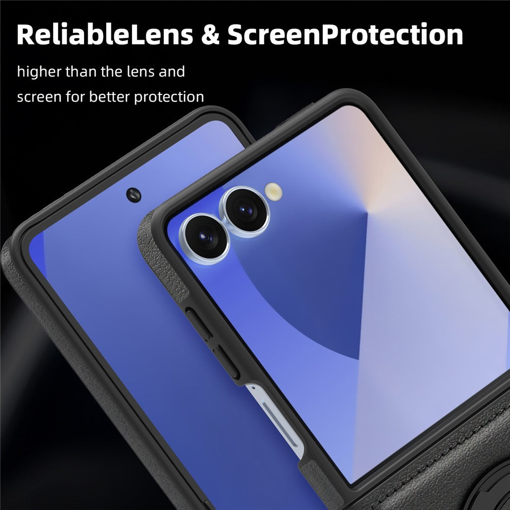 For Samsung Galaxy Z Flip7 5G Case with Ring Kickstand Compatible with MagSafe PU Leather Back Cover - Black