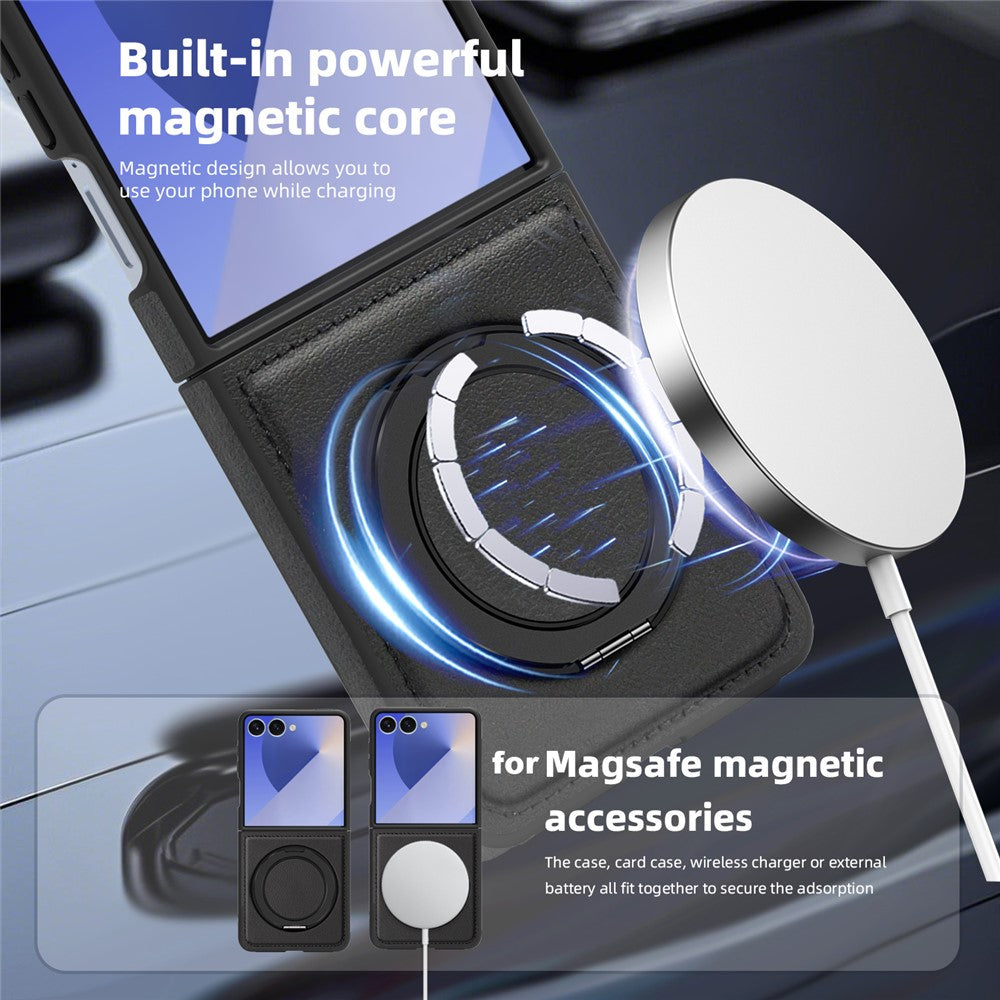 For Samsung Galaxy Z Flip7 5G Case with Ring Kickstand Compatible with MagSafe PU Leather Back Cover - Black