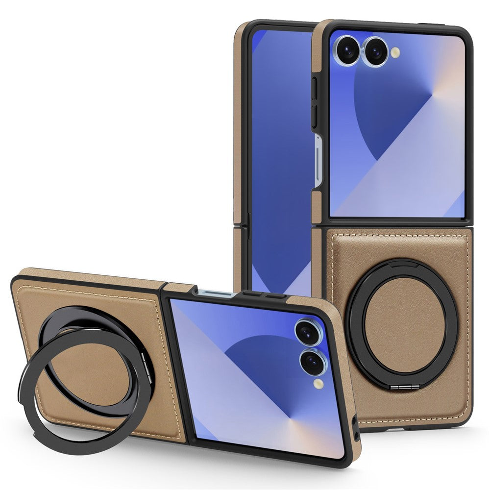 For Samsung Galaxy Z Flip7 5G Case with Ring Kickstand Compatible with MagSafe PU Leather Back Cover - Desert Gold